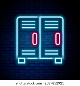 Glowing neon line Locker or changing room for hockey, football, basketball team or workers icon isolated on brick wall background. Colorful outline concept. Vector