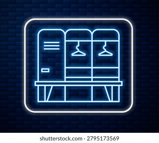 Glowing neon line Locker or changing room for hockey, football, basketball team or workers icon isolated on brick wall background.  Vector Illustration