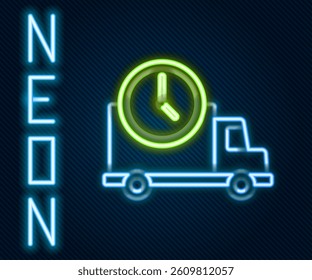 Glowing neon line Logistics delivery truck and clock icon isolated on black background. Delivery time icon. Colorful outline concept. Vector Illustration