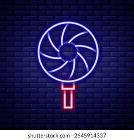 Glowing neon line Lollipop icon isolated on brick wall background. Candy sign. Food, delicious symbol. Colorful outline concept. Vector