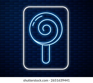 Glowing neon line Lollipop icon isolated on brick wall background. Food, delicious symbol.  Vector