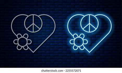 Glowing neon line Love peace icon isolated on brick wall background. Hippie symbol of peace.  Vector