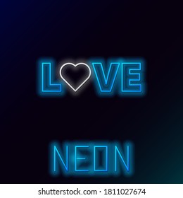 Glowing neon line Love text icon isolated on black background. Valentines day greeting card template. Colorful outline concept. Vector
