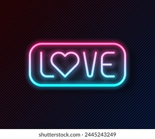 Glowing neon line Love text icon isolated on black background. Valentines day greeting card template.  Vector