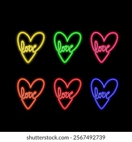 Glowing neon line Love text icon isolated on black background. Valentines day greeting card template. Vector.