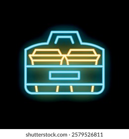 Glowing neon line lunch box icon isolated on black background, perfect for highlighting the presence of food