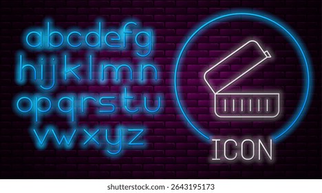 Glowing neon line Lunch box icon isolated on brick wall background. Neon light alphabet. Vector Illustration