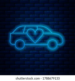 Glowing neon line Luxury limousine car icon isolated on brick wall background. For world premiere celebrities and guests poster.  Vector