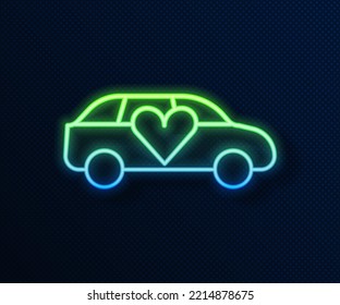 Glowing neon line Luxury limousine car icon isolated on blue background. For world premiere celebrities and guests poster.  Vector