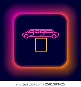 Glowing neon line Luxury limousine car and carpet icon isolated on black background. For world premiere celebrities and guests poster. Colorful outline concept. Vector