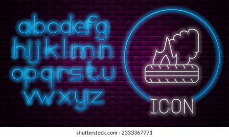 Línea de neón brillante Icono de neumáticos de combustión aislados en el fondo de la pared de ladrillo. Alfabeto de neón claro. Vector