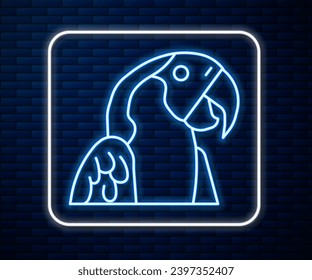 Glowing neon line Macaw parrot bird animal icon isolated on brick wall background. Animal symbol.  Vector