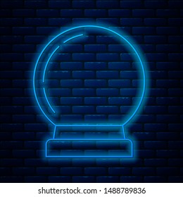 Glowing neon line Magic ball icon isolated on brick wall background. Crystal ball.  Vector Illustration