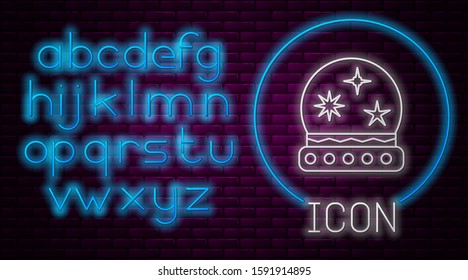 Glowing neon line Magic ball icon isolated on brick wall background. Crystal ball. Neon light alphabet. Vector Illustration