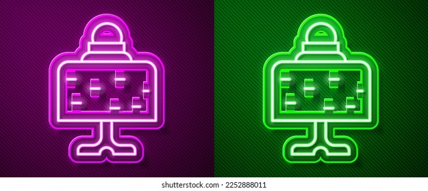 Línea de neón brillante Balón mágico sobre el icono de la mesa aislado sobre el fondo morado y verde. Balón de cristal.  Vector