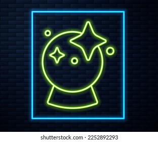 Glowing neon line Magic ball icon isolated on brick wall background. Crystal ball.  Vector