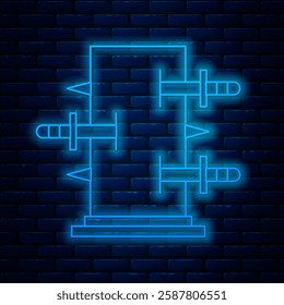 Glowing neon line Magic box, trunk for magic tricks icon isolated on brick wall background. Show with knives, piercing the box with swords.  Vector Illustration