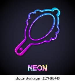 Glowing Neon Line Magic Hand Mirror Icon Isolated On Black Background.  Vector