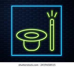 Glowing neon line Magic hat and wand icon isolated on brick wall background. Magic trick. Mystery entertainment concept.  Vector