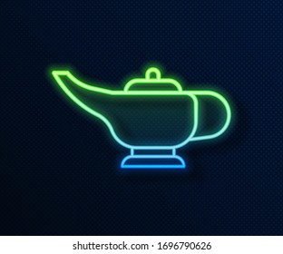 Glühende Neonline Magic Lampe oder Aladdin Lampe Symbol einzeln auf blauem Hintergrund. Spirituelle Lampe für Wunsch. Vektorillustration-Illustration