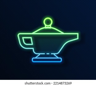Glowing neon line Magic lamp or Aladdin lamp icon isolated on blue background. Spiritual lamp for wish.  Vector Illustration
