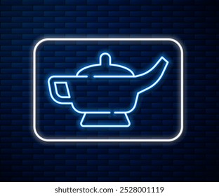 Lámpara mágica de línea de neón brillante o icono de lámpara de Aladdin aislado en fondo de pared de ladrillo. Lámpara espiritual por deseo.  Vector