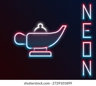 Lámpara mágica de línea de neón brillante o icono de lámpara Aladdin aislado sobre fondo negro. Lámpara espiritual por deseo. Concepto de contorno colorido. Vector