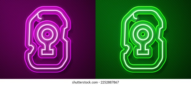 Glowing neon line Magic rune icon isolated on purple and green background. Rune stone.  Vector
