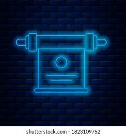 Glowing neon line Magic scroll icon isolated on brick wall background. Decree, paper, parchment, scroll icon.  Vector Illustration