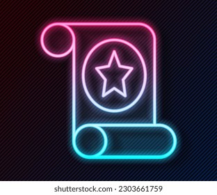 Glowing neon line Magic scroll icon isolated on black background. Decree, paper, parchment, scroll icon.  Vector