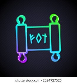 Glowing neon line Magic scroll icon isolated on black background. Decree, paper, parchment, scroll icon.  Vector