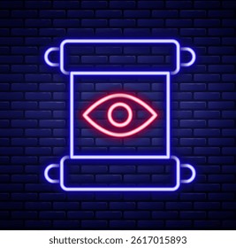 Glowing neon line Magic scroll icon isolated on brick wall background. Decree, paper, parchment, scroll icon. Colorful outline concept. Vector