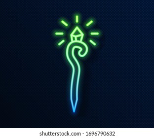 Glowing neon line Magic staff icon isolated on blue background. Magic wand, scepter, stick, rod.  Vector Illustration