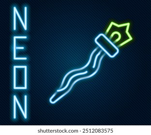 Icono brillante del personal de la línea de neón mágica aislado en fondo negro. Varita mágica, cetro, palo, varilla. Concepto de contorno colorido. Vector