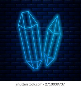 Linha de neon brilhante ícone de pedra mágica isolado no fundo da parede de tijolo. Cristais de fantasia. Joias para o jogo.  Ilustração de vetor