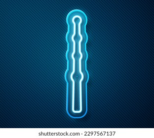 Glowing neon line Magic wand icon isolated on blue background. Star shape magic accessory. Magical power.  Vector