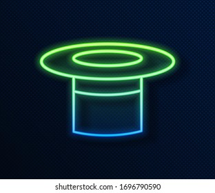 Glowing neon line Magician hat icon isolated on blue background. Magic trick. Mystery entertainment concept.  Vector Illustration