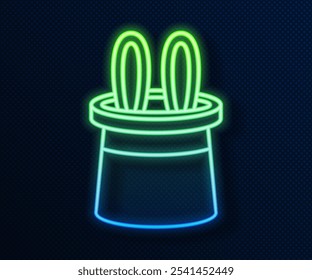 Línea de neón brillante Icono de sombrero de mago y orejas de conejo aislado sobre fondo azul. Truco mágico. Concepto de entretenimiento misterioso.  Ilustración vectorial