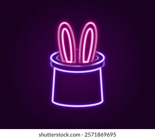 Glowing neon line Magician hat and rabbit ears icon isolated on black background. Magic trick. Mystery entertainment concept. Colorful outline concept. Vector