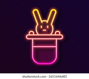 Brilhante neon linha Chapéu mágico e ícone de coelho isolado no fundo preto. Truque mágico. Conceito de entretenimento misterioso.  Vetor