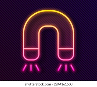 Glowing neon line Magnet icon isolated on black background. Horseshoe magnet, magnetism, magnetize, attraction.  Vector