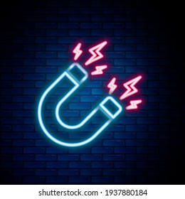 Glowing neon line Magnet with lightning icon isolated on brick wall background. Horseshoe magnet, magnetism, magnetize, attraction sign. Colorful outline concept. Vector