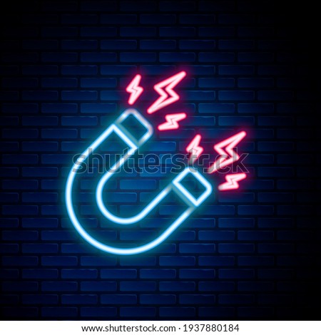 Glowing neon line Magnet with lightning icon isolated on brick wall background. Horseshoe magnet, magnetism, magnetize, attraction sign. Colorful outline concept. Vector