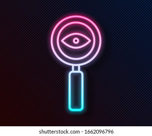Glowing neon line Magnifying glass icon isolated on black background. Search, focus, zoom, business symbol.  Vector Illustration