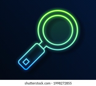 Glowing neon line Magnifying glass icon isolated on blue background. Search, focus, zoom, business symbol.  Vector