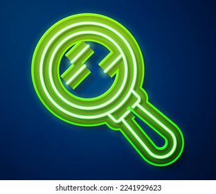 Glowing neon line Magnifying glass icon isolated on blue background. Search, focus, zoom, business symbol.  Vector