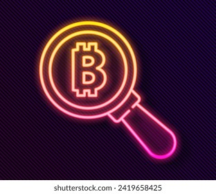 Glowing neon line Magnifying glass with Bitcoin icon isolated on black background. Physical bit coin. Blockchain based secure crypto currency.  Vector