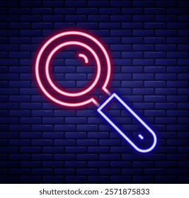 Glowing neon line Magnifying glass icon isolated on brick wall background. Search, focus, zoom, business symbol. Colorful outline concept. Vector