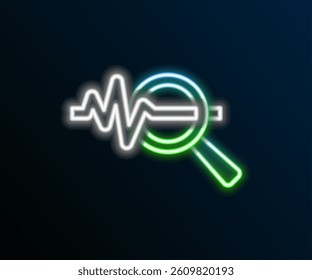 Glowing neon line Magnifying glass and data analysis icon isolated on black background. Search sign. Colorful outline concept. Vector