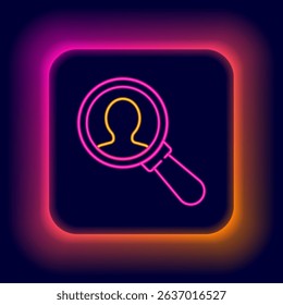 Glowing neon line Magnifying glass for search a people icon isolated on black background. Recruitment or selection concept. Search for employees and job. Colorful outline concept. Vector